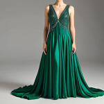 **Elegant silk evening gown design:** A flowing, floor-length silk evening gown in a rich, jewel-toned color (emerald green or sapphire blue would work well). The dress should have delicate draping and possibly some subtle embellishments (beading or embroidery). The overall impression should be one of luxury and sophistication. Focus on the texture and light reflecting off the silk.