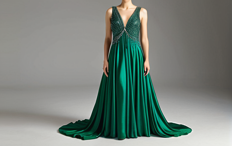 **Elegant silk evening gown design:** A flowing, floor-length silk evening gown in a rich, jewel-toned color (emerald green or sapphire blue would work well). The dress should have delicate draping and possibly some subtle embellishments (beading or embroidery). The overall impression should be one of luxury and sophistication. Focus on the texture and light reflecting off the silk.
