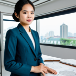 A confident young Vietnamese female fashion designer, fully clothed in a modest, modern tailored outfit incorporating subtle traditional Vietnamese patterns like stylized lotus motifs. She stands elegantly in a sleek, well-lit fashion studio, surrounded by design sketches and high-quality fabric swatches. The background features a large window overlooking a contemporary cityscape. The image exudes creativity and innovation. Perfect anatomy, correct proportions, natural pose, well-formed hands, proper finger count. Professional photography, high resolution, soft studio lighting. safe for work, appropriate content, fully clothed, professional, family-friendly.