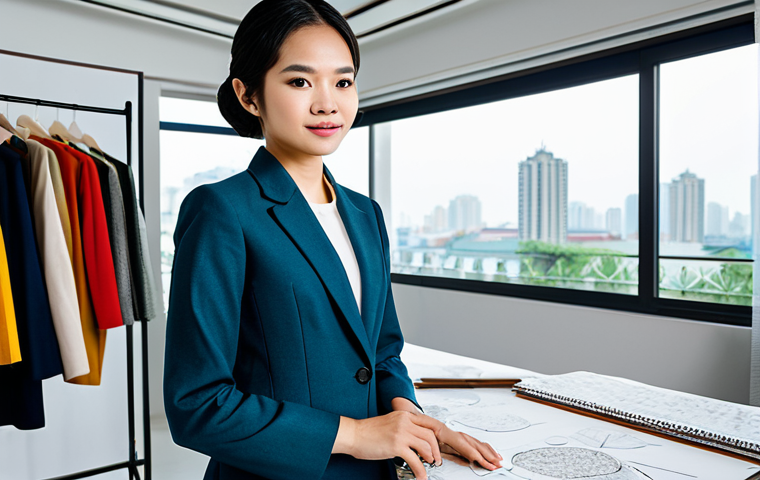 A confident young Vietnamese female fashion designer, fully clothed in a modest, modern tailored outfit incorporating subtle traditional Vietnamese patterns like stylized lotus motifs. She stands elegantly in a sleek, well-lit fashion studio, surrounded by design sketches and high-quality fabric swatches. The background features a large window overlooking a contemporary cityscape. The image exudes creativity and innovation. Perfect anatomy, correct proportions, natural pose, well-formed hands, proper finger count. Professional photography, high resolution, soft studio lighting. safe for work, appropriate content, fully clothed, professional, family-friendly.