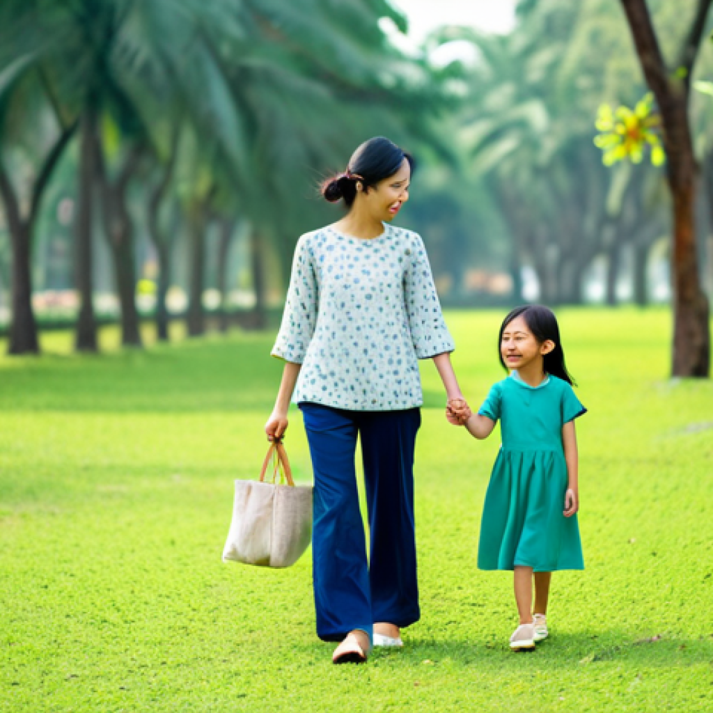 A kind Vietnamese mother and her happy young daughter (around 5 years old) are gently holding hands and walking in a brightly lit, green park in Vietnam. Both are fully clothed in coordinated, modest outfits made of soft, high-quality organic cotton, suitable for a warm climate. The mother wears a comfortable, stylish top and trousers, and the daughter wears a matching dress with a simple, playful pattern. The background features blurred trees and a clear sky, creating a warm, joyful family atmosphere. Professional photography, natural daylight, soft focus, high resolution, perfect anatomy, correct proportions, well-formed hands, proper finger count, natural body proportions, safe for work, appropriate content, fully clothed, family-friendly, modest clothing.
