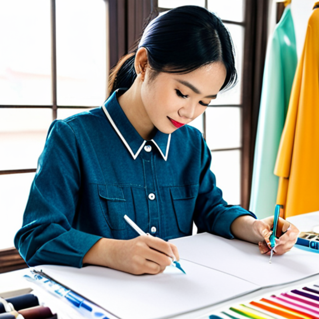 Fashion Designer at Work**

A Vietnamese fashion designer, fully clothed in stylish and modest attire, sketching designs in a bright, modern studio filled with colorful fabrics and sewing equipment. Natural light streaming through large windows. Perfect anatomy, correct proportions, well-formed hands. Safe for work, appropriate content, professional, family-friendly. High quality, professional photography.

**