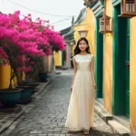패션디자인과 패션신제품 개발 - **Prompt:** "A young Vietnamese woman, in her early 20s, stands confidently on a sunlit street in Ho...