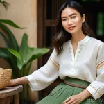 패션디자인 지속 가능성 - **Prompt:** A stylish Vietnamese woman in her late 20s or early 30s stands confidently in a sunlit a...