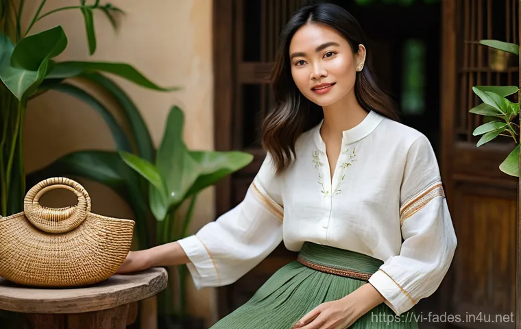 패션디자인 지속 가능성 - **Prompt:** A stylish Vietnamese woman in her late 20s or early 30s stands confidently in a sunlit a...