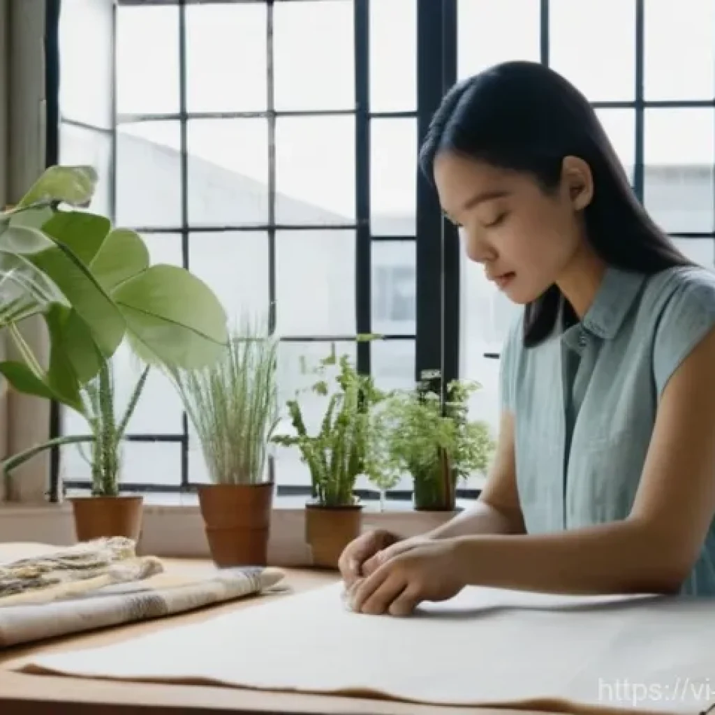 패션디자인 전공 필수과목 - **Prompt: The Art of Fabric Exploration and Sustainable Design**
    A young, determined Vietnamese ...