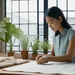 패션디자인 전공 필수과목 - **Prompt: The Art of Fabric Exploration and Sustainable Design**
    A young, determined Vietnamese ...