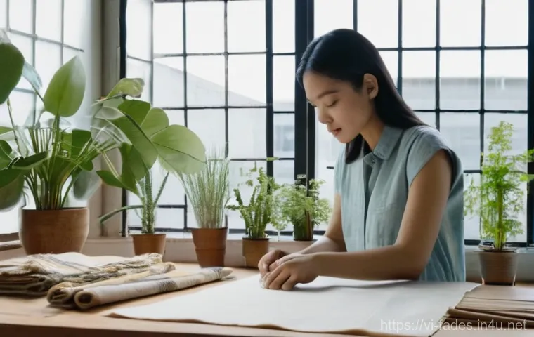 패션디자인 전공 필수과목 - **Prompt: The Art of Fabric Exploration and Sustainable Design**
    A young, determined Vietnamese ...