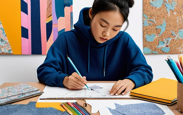 패션디자인 전공 필수과목 - **Prompt: The Art of Fabric Exploration and Sustainable Design**
    A young, determined Vietnamese ...