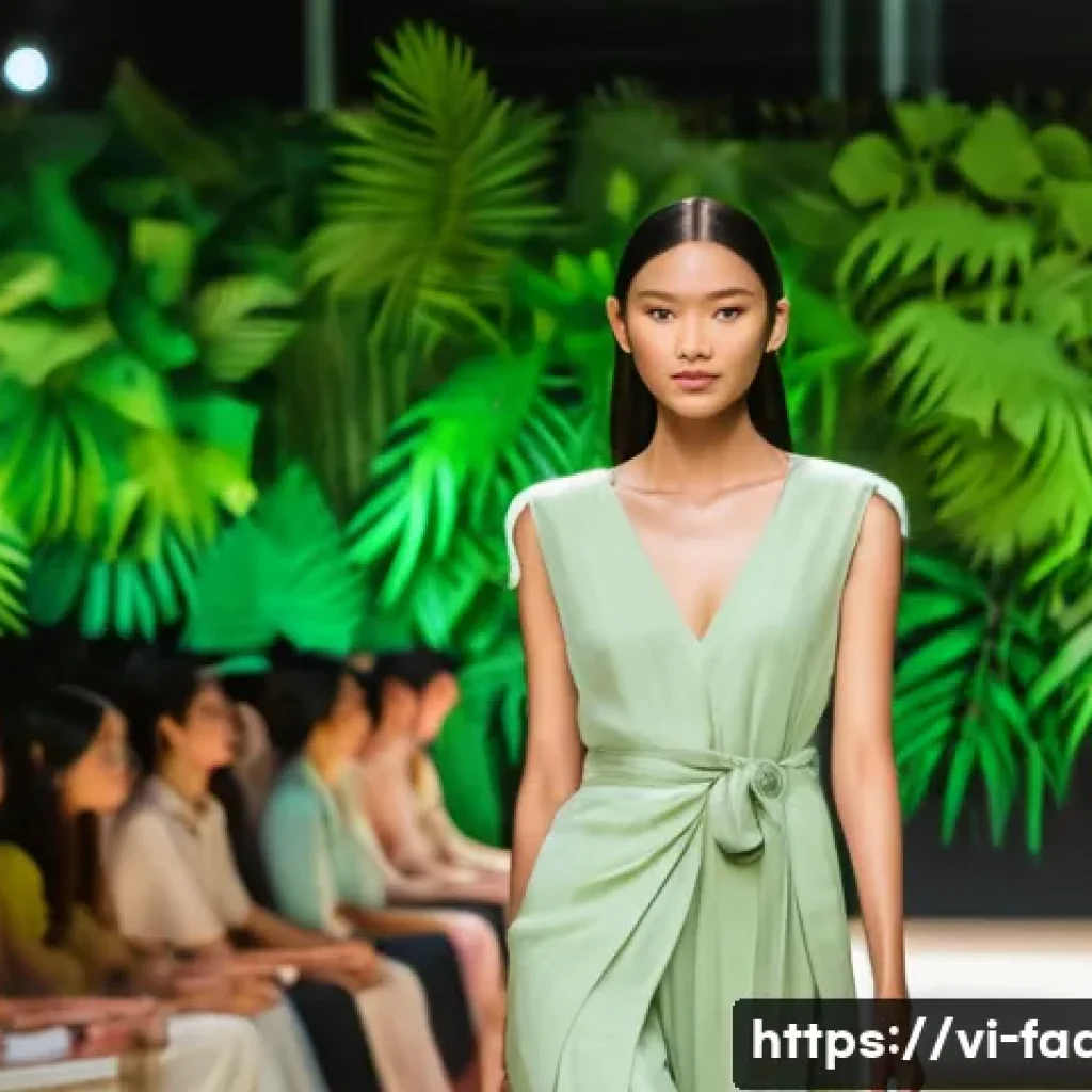 패션디자인과 해외 패션 트렌드 - A sophisticated fashion runway scene in Ho Chi Minh City featuring models wearing elegant outfits ma...