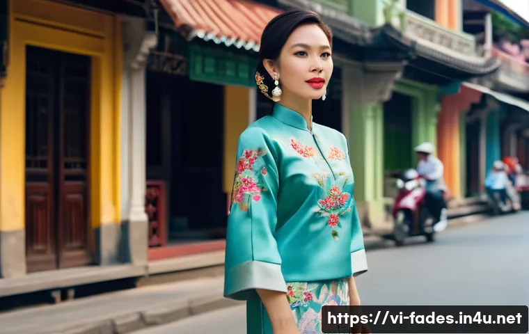 패션디자인과 패션스타일 분석 - A modern Vietnamese woman standing confidently on a bustling Hanoi street, wearing a stylish fitted ...