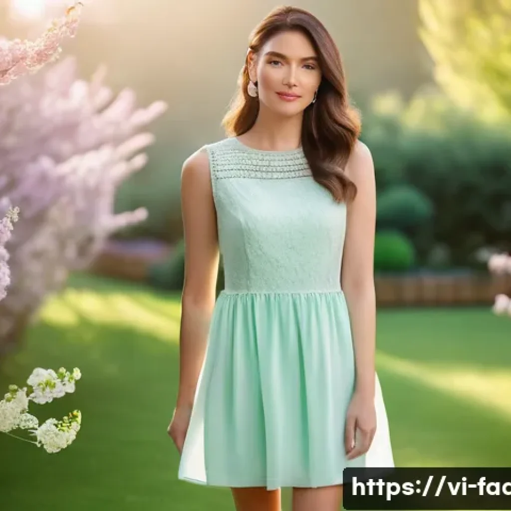 패션디자인 색채학 - A sophisticated fashion photoshoot featuring a female model wearing a pastel mint green dress paired...