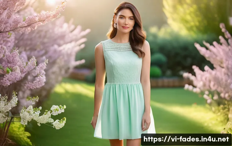 패션디자인 색채학 - A sophisticated fashion photoshoot featuring a female model wearing a pastel mint green dress paired...
