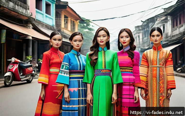 패션디자인과 패션교육 - A vibrant street fashion scene in Hanoi showcasing young Vietnamese designers blending traditional e...