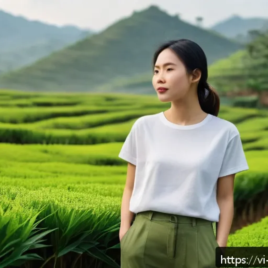 지속가능 패션 브랜드 - A stylish young Vietnamese woman wearing a minimalist, modern outfit made from organic cotton and ba...