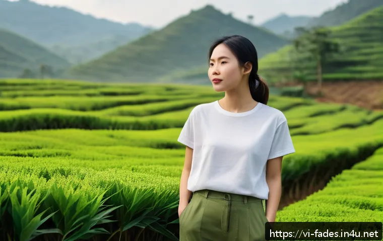 지속가능 패션 브랜드 - A stylish young Vietnamese woman wearing a minimalist, modern outfit made from organic cotton and ba...
