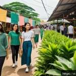 Home 22 패션디자인 윤리 - A vibrant Vietnamese sustainable fashion market scene featuring young Vietnamese adults browsing eco...
