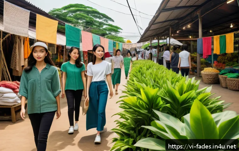 패션디자인 윤리 - A vibrant Vietnamese sustainable fashion market scene featuring young Vietnamese adults browsing eco...