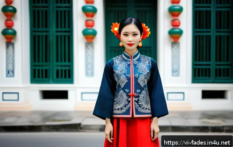 패션디자인과 패션상품 트렌드 분석 - A young Vietnamese woman wearing a modernized traditional &aacute;o d&agrave;i featuring intricate Đ&ocirc;ng Sơn patter...