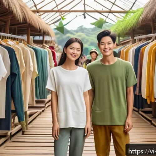 Home 32 패션 산업과 패션 비즈니스 - A vibrant outdoor Vietnamese sustainable fashion market scene featuring diverse people wearing eco-f...