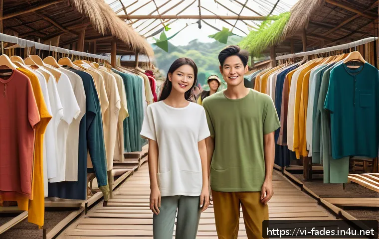 패션 산업과 패션 비즈니스 - A vibrant outdoor Vietnamese sustainable fashion market scene featuring diverse people wearing eco-f...