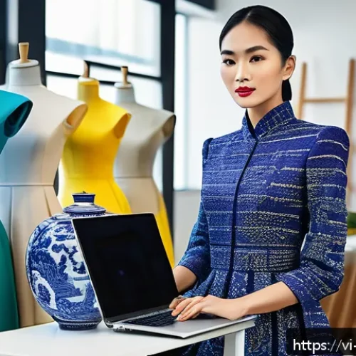 Home 17 패션디자인과 E 커머스 - A modern Vietnamese fashion designer’s studio scene, showcasing a creative blend of traditional and ...