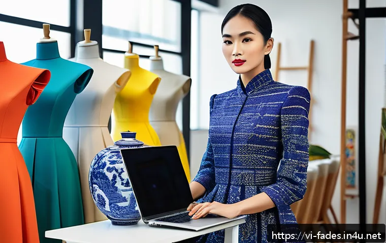 패션디자인과 E 커머스 - A modern Vietnamese fashion designer’s studio scene, showcasing a creative blend of traditional and ...