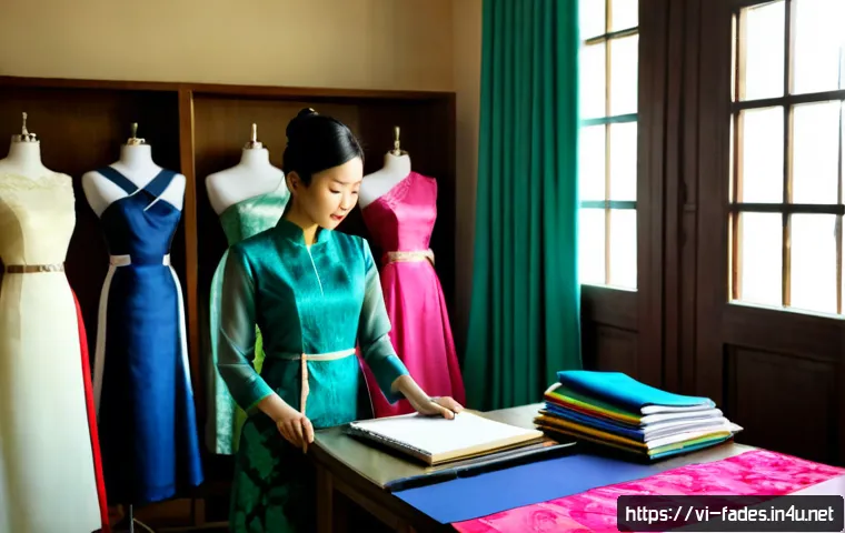 Home 17 패션디자인과 문화적 요소 - Photorealistic fashion design studio in Ho Chi Minh City, young Vietnamese designer arranging elegan...