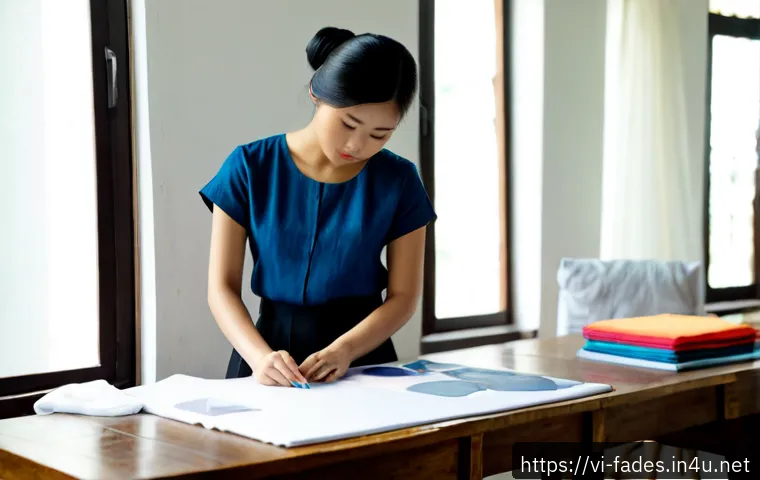 패션디자인과 패션업계 트렌드 - Photorealistic fashion design studio in Ho Chi Minh City, Vietnamese fashion student reviewing fabri...